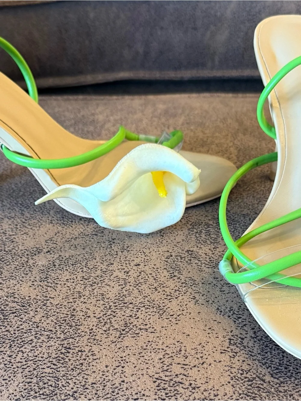 Women's Strappy Heeled Sandals in Beige and Lime Green with Calla Lillies